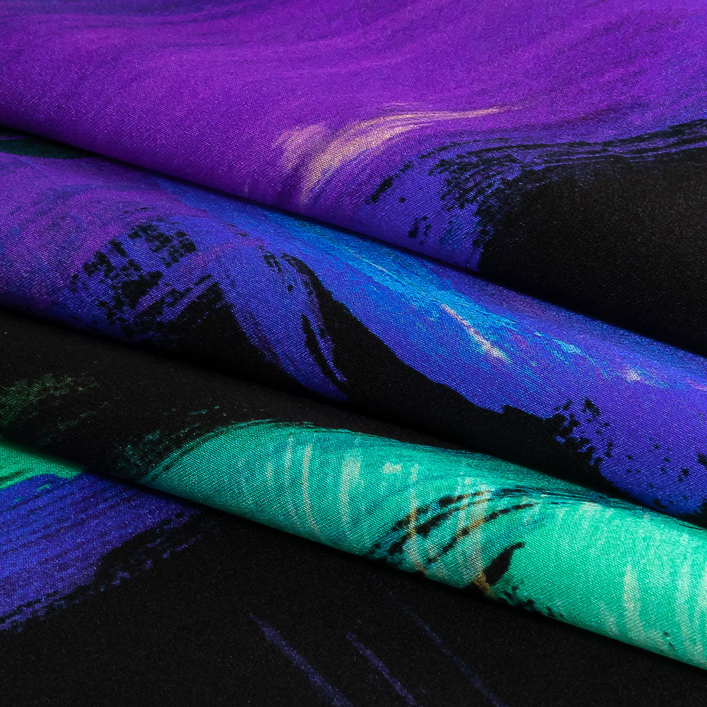 Mood Exclusive Italian Black, Mint and Purple Painterly Abstraction Silk Charmeuse