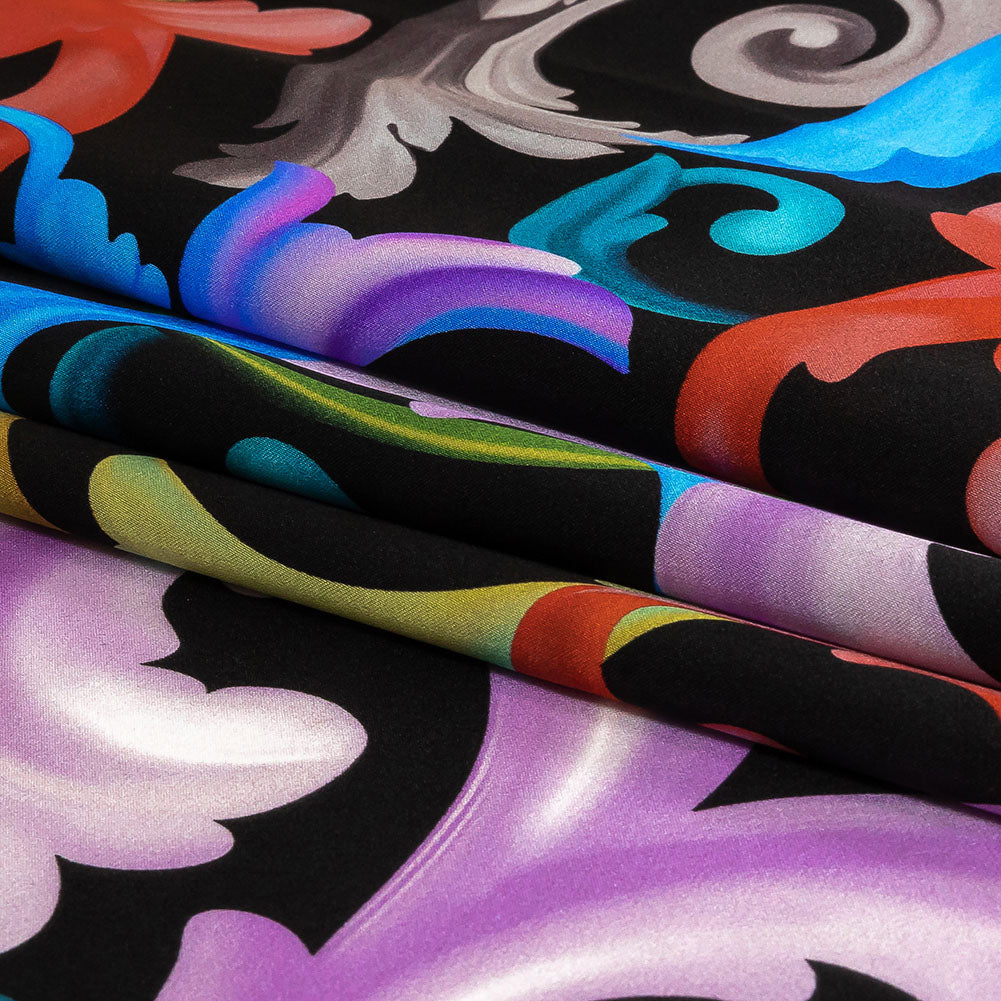 Mood Exclusive Italian Black and Rainbow Ornate Swirls Silk Charmeuse