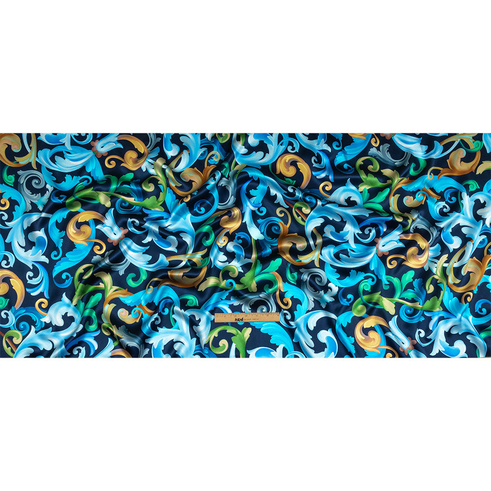Mood Exclusive Italian Navy, Gold and Blue Ornate Swirls Silk Charmeuse