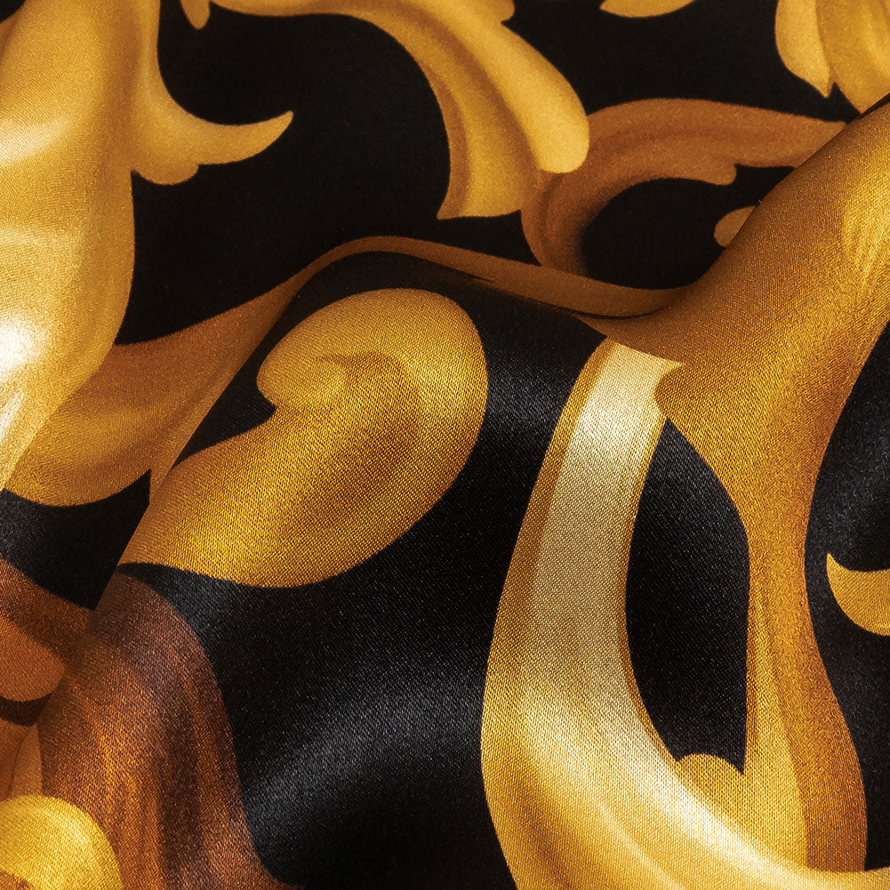 Mood Exclusive Italian Black and Gold Ornate Swirls Silk Charmeuse