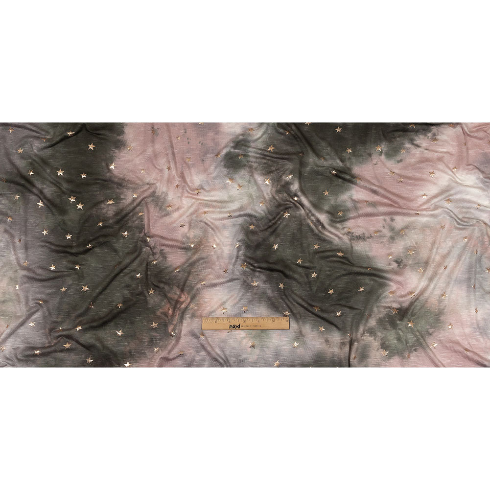 Pink, Olive and Metallic Gold Foiled Stars Slubbed Stretch Rayon Jersey