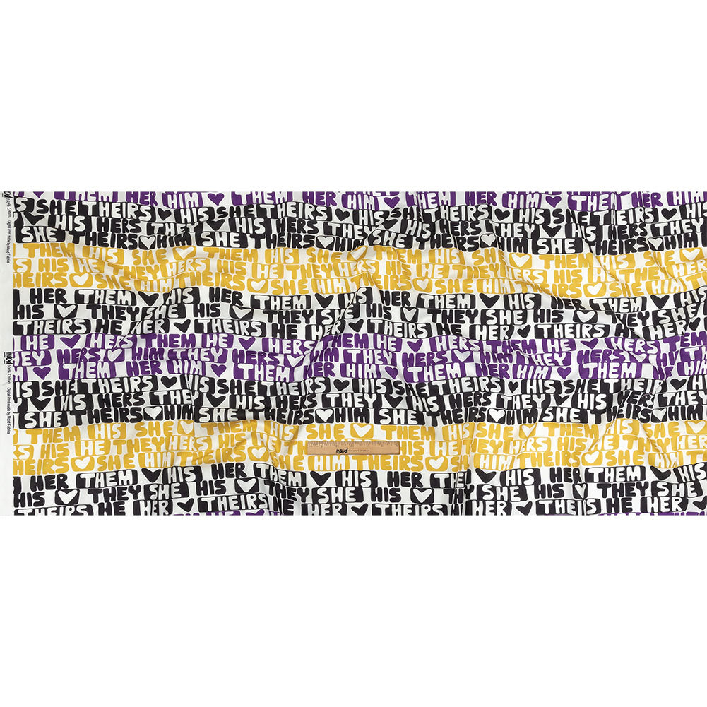 Mercerized Organic Egyptian Cotton Voile - Black, Purple and Yellow Pronoun Stripes - More Than Words Print - Mood Exclusive Pride Collection