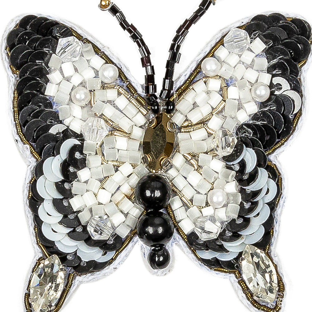 Black and White Butterfly Rhinestone and Glass Beaded Applique - 2.25" X 2"