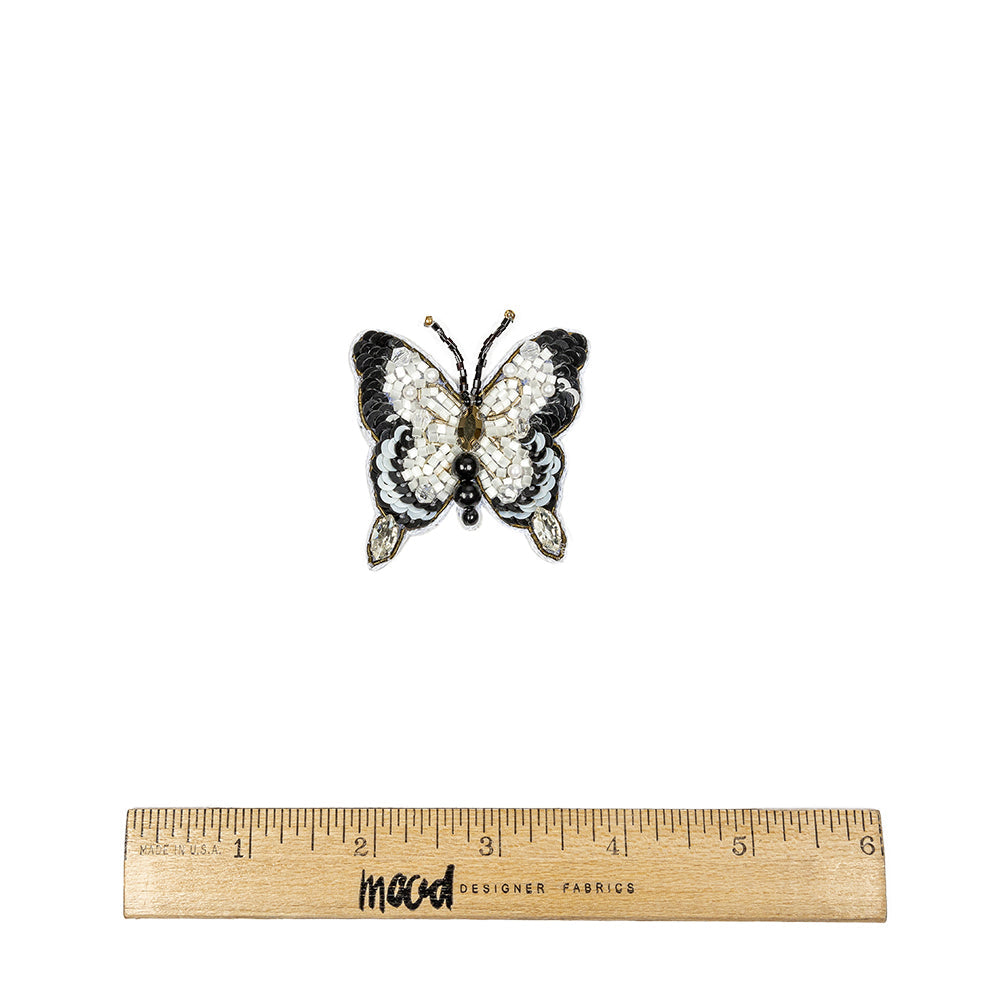 Black and White Butterfly Rhinestone and Glass Beaded Applique - 2.25" X 2"
