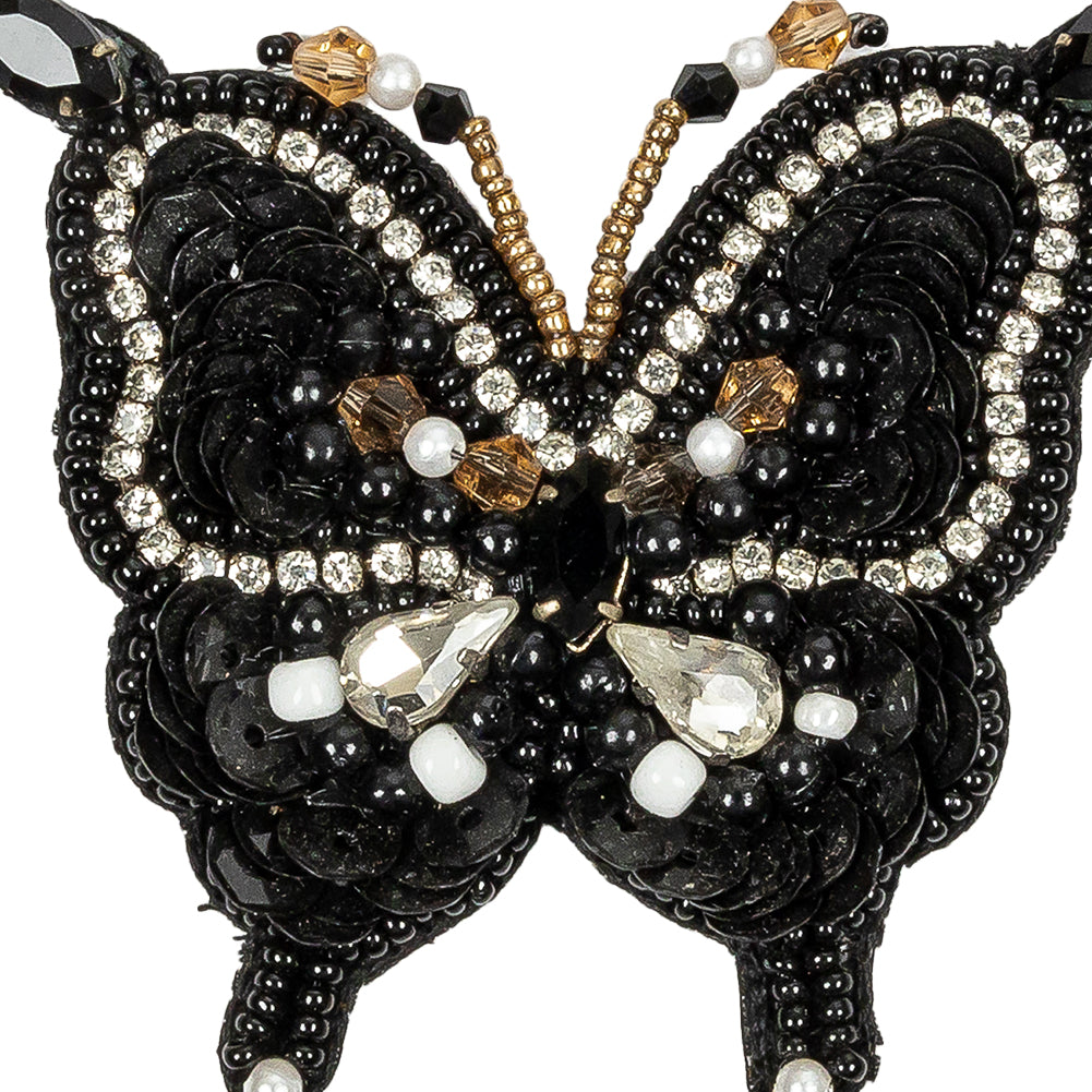 Black and Gold Butterfly Rhinestone and Glass Beaded Applique - 2.5" X 2.625"