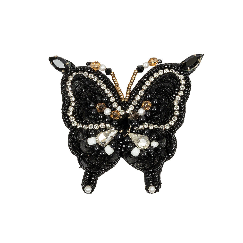 Black and Gold Butterfly Rhinestone and Glass Beaded Applique - 2.5" X 2.625"