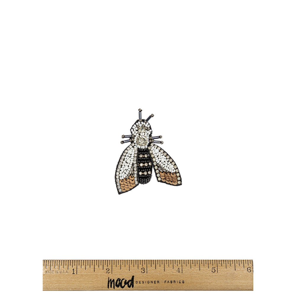 Black, White and Bronze Moth Rhinestone and Glass Beaded Applique - 2.5" X 2"