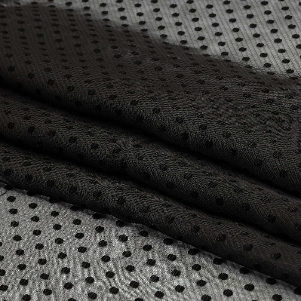Famous Australian Designer Black Onyx Embroidered Dots and Diagonal Stripes Polyester and Viscose Chiffon