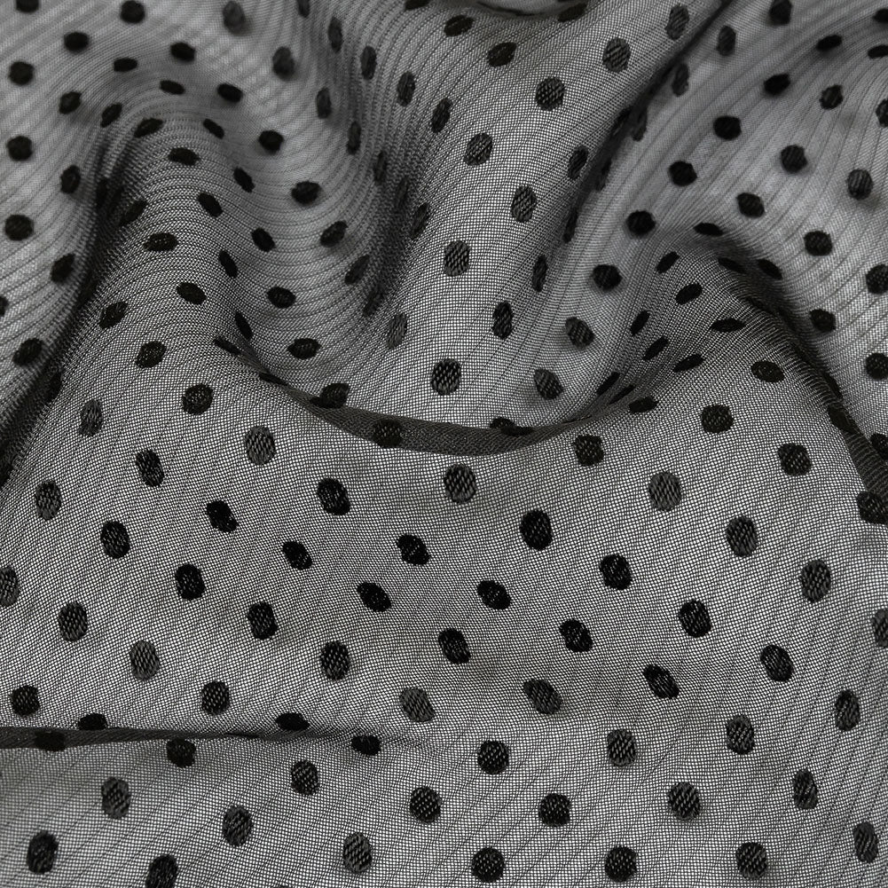 Famous Australian Designer Black Onyx Embroidered Dots and Diagonal Stripes Polyester and Viscose Chiffon