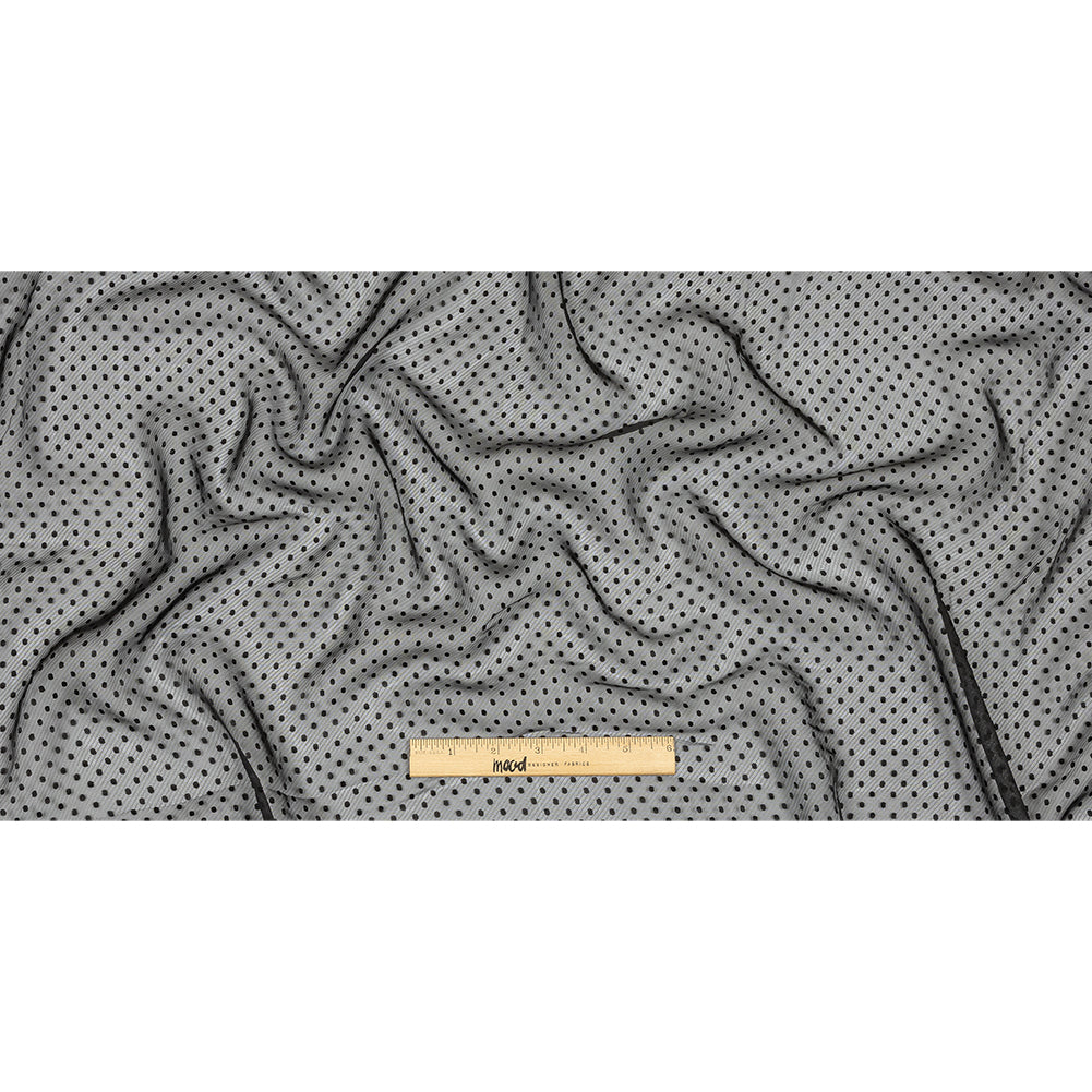 Famous Australian Designer Black Onyx Embroidered Dots and Diagonal Stripes Polyester and Viscose Chiffon