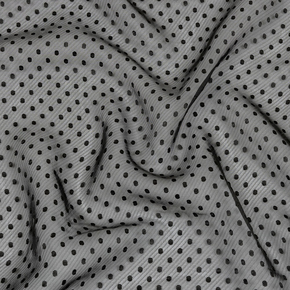 Famous Australian Designer Black Onyx Embroidered Dots and Diagonal Stripes Polyester and Viscose Chiffon