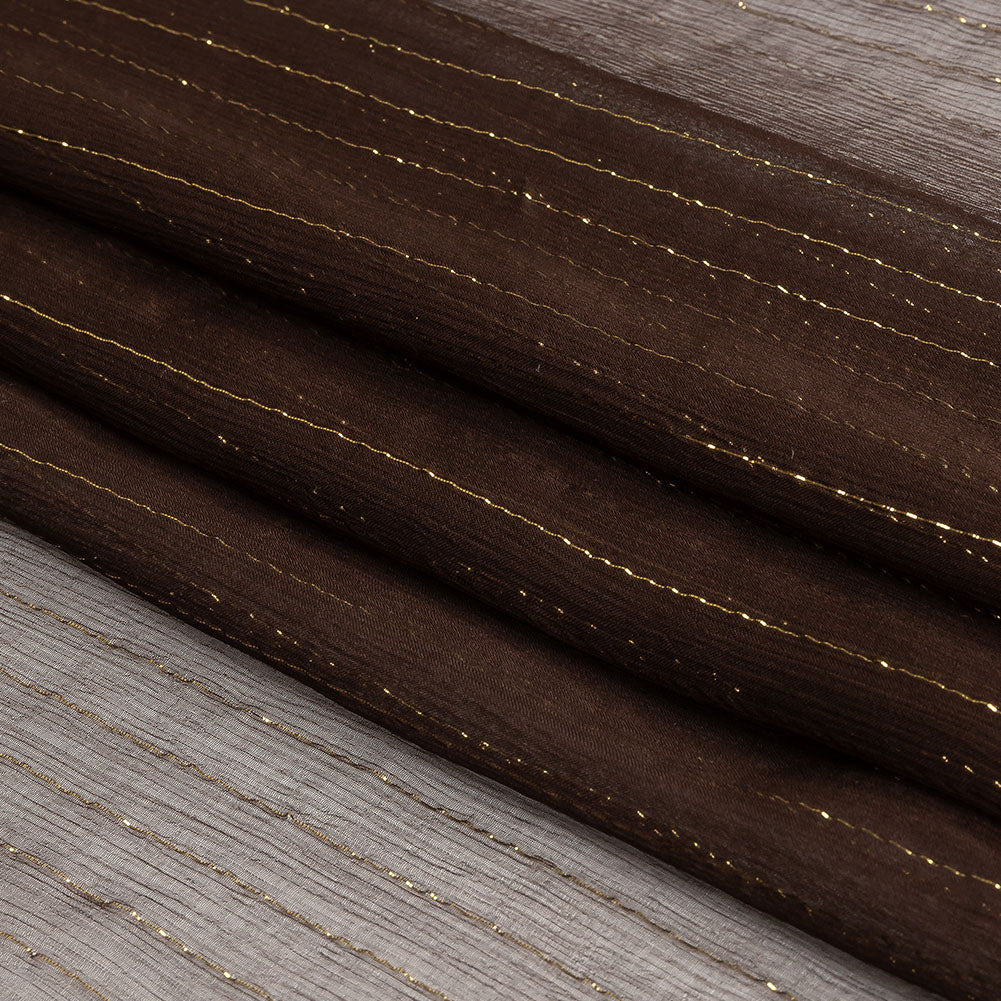 Famous Australian Designer Brown and Gold Metallic Pinstripes Crinkled Silk Chiffon
