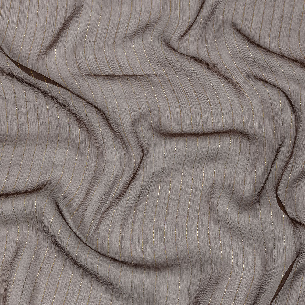 Famous Australian Designer Brown and Gold Metallic Pinstripes Crinkled Silk Chiffon