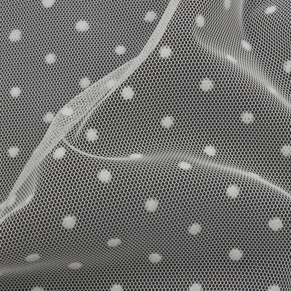 Famous Australian Designer Ivory Flocked Dots Polyester Mesh