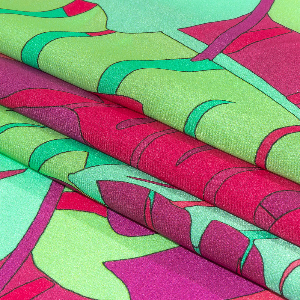 Italian Fuchsia, Hot Pink and Mint Jungle Leaves Silk Charmeuse