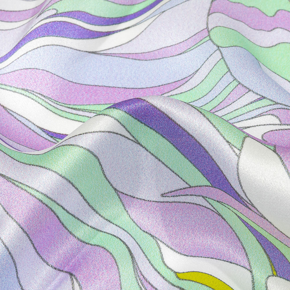 Italian Lavender, Seafoam and Yellow Feathered Flowers Silk Charmeuse