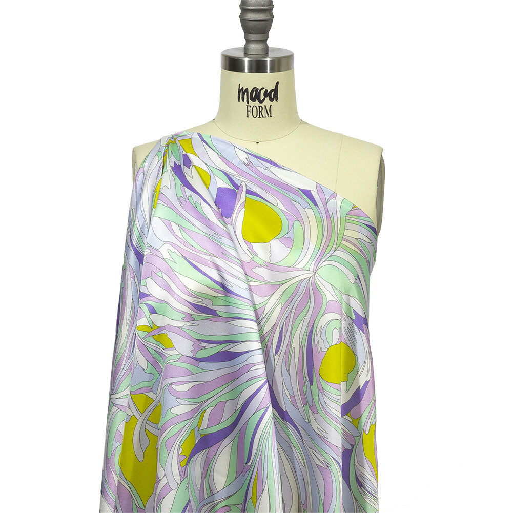 Italian Lavender, Seafoam and Yellow Feathered Flowers Silk Charmeuse