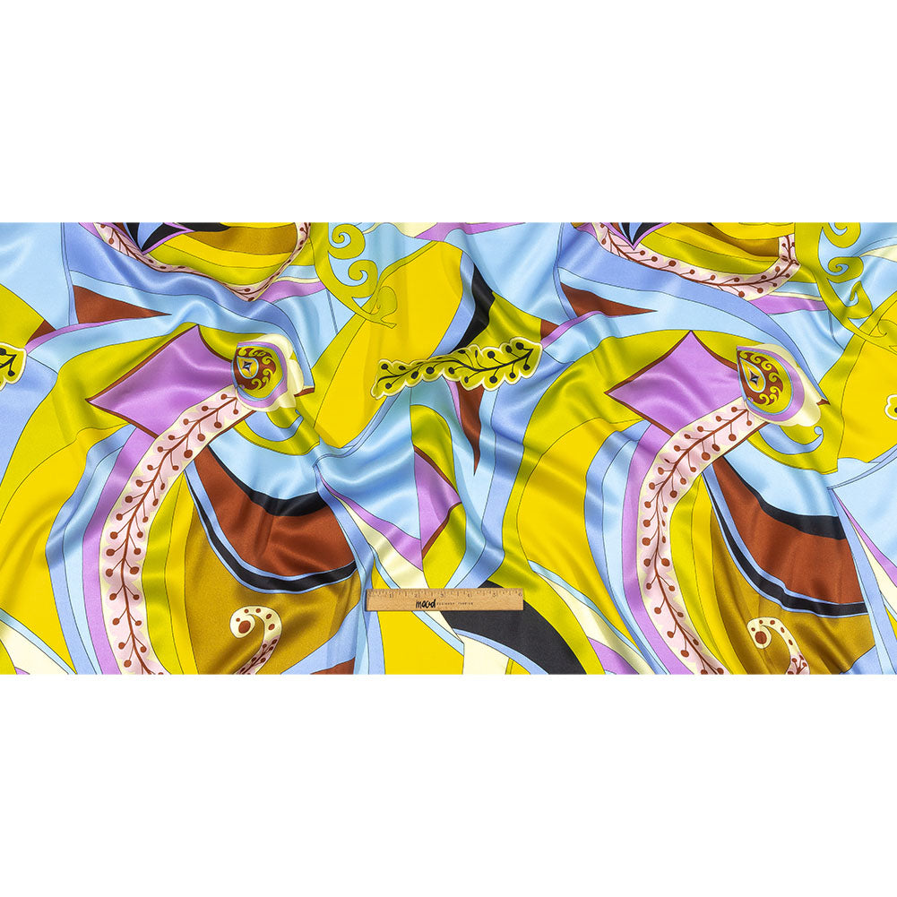 Italian Yellow, Green and Sky Leafy Abstract Silk Charmeuse