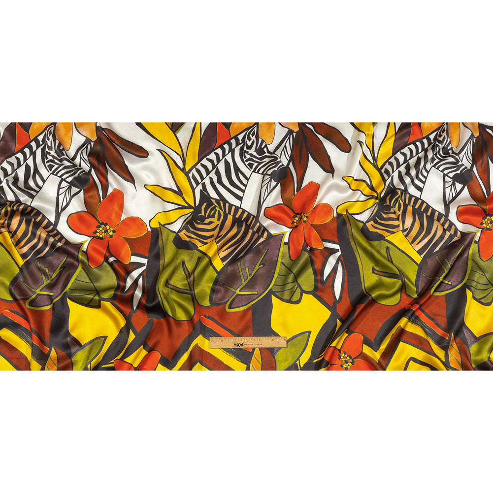 Italian Brown, Yellow and Olive Zebras and Flowers Silk Charmeuse