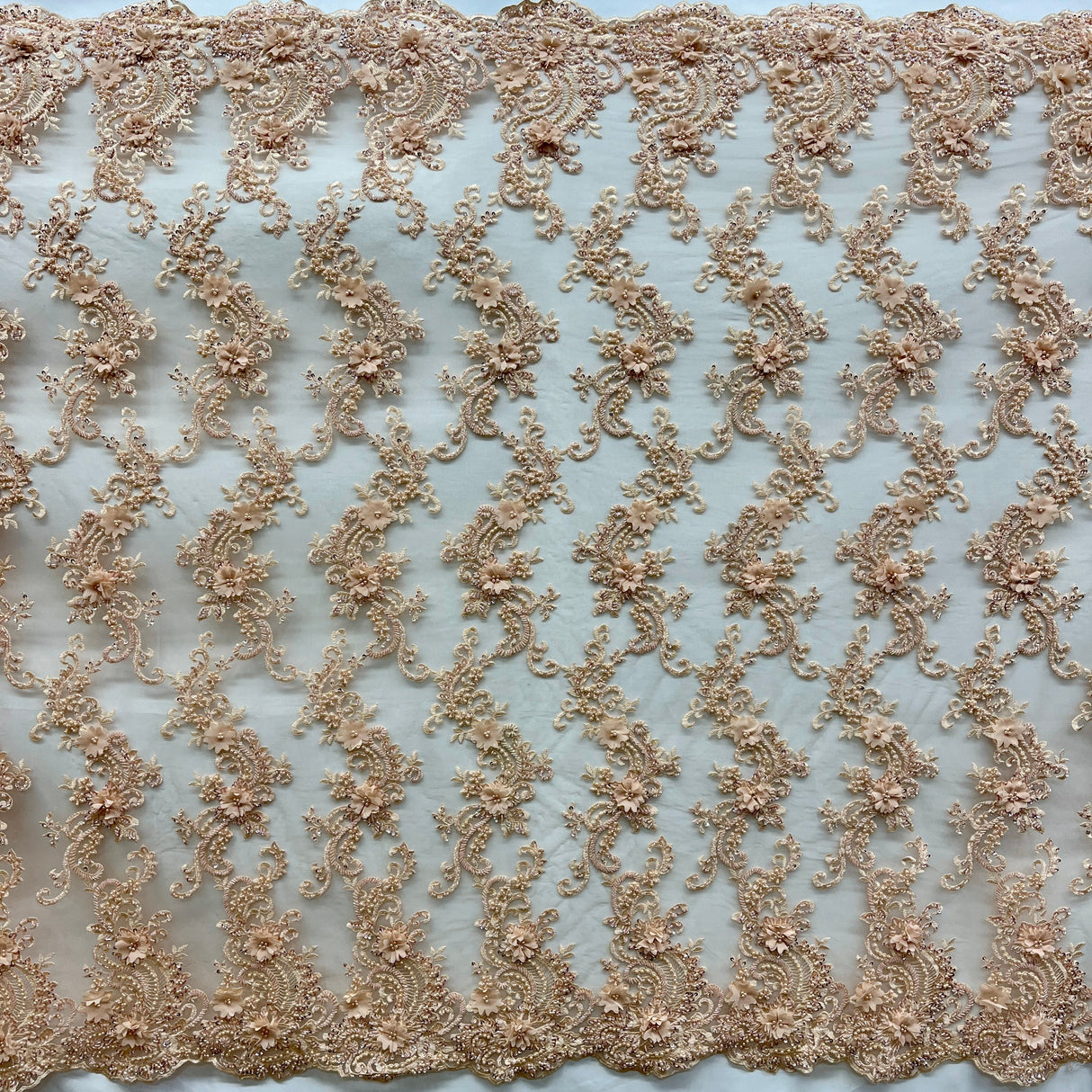 Beaded Floral Lace Fabric 3D Embroidered Net Mesh 52" Wide
