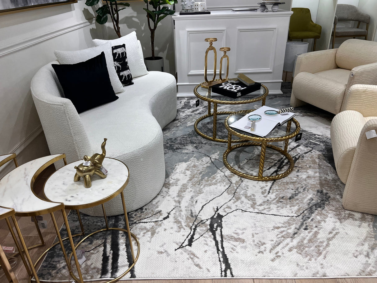 METZ 4202 Polyester Viscose Area Rug - Abstract Marbled High-Low, Crème Beige, Charcoal Tone-On-Tone, Faded Teal & Mocha Accents (9' 8" X 13')