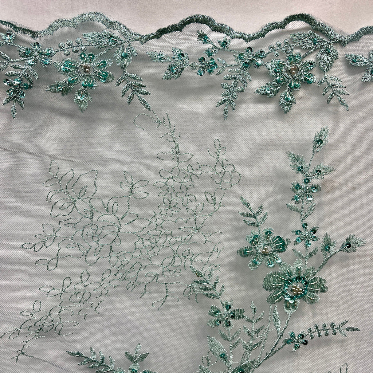 Beaded Floral Lace Fabric on Polyester Net Mesh