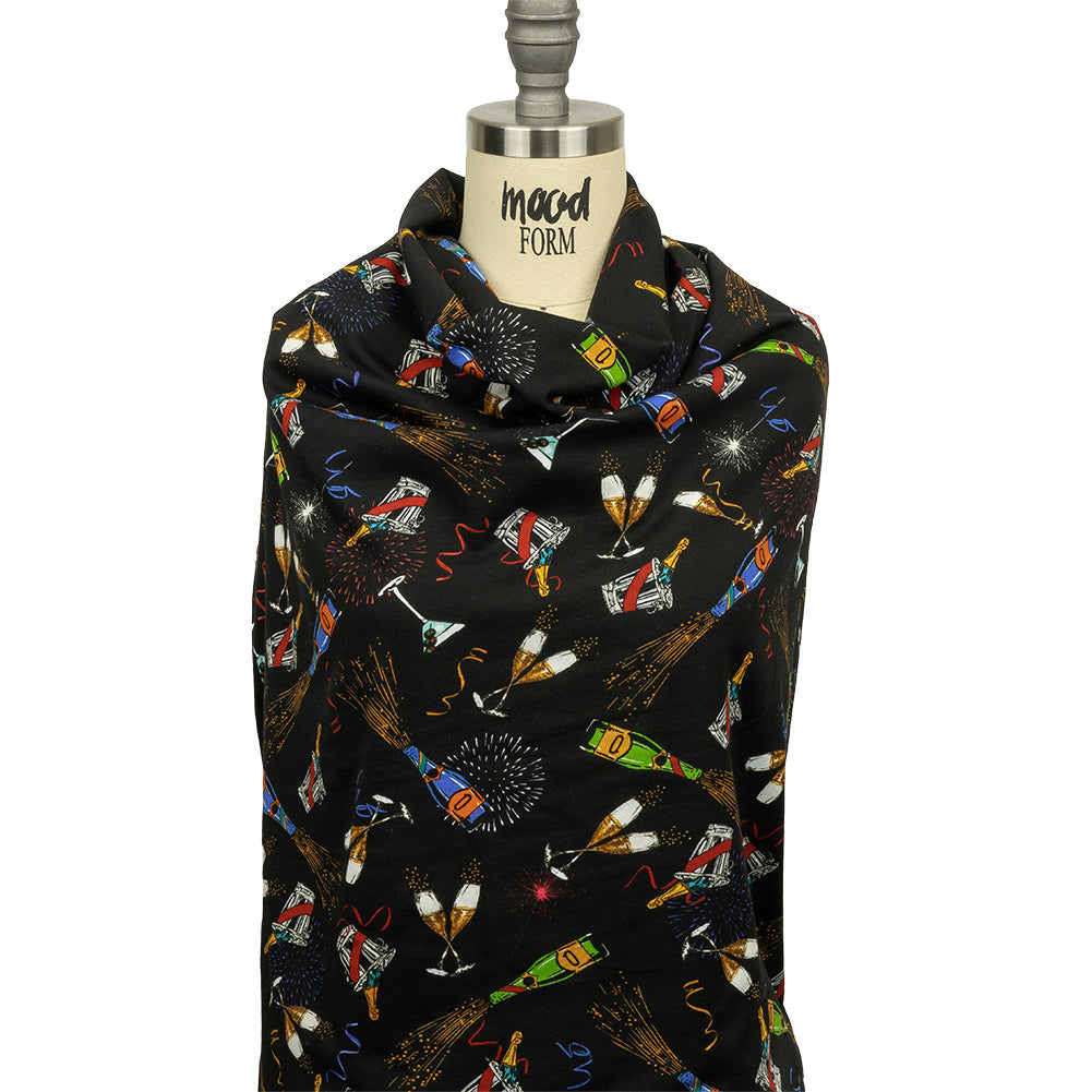 Balenciaga Italian Black, Blue and Gold Celebration Toast Stretch Cotton Jersey