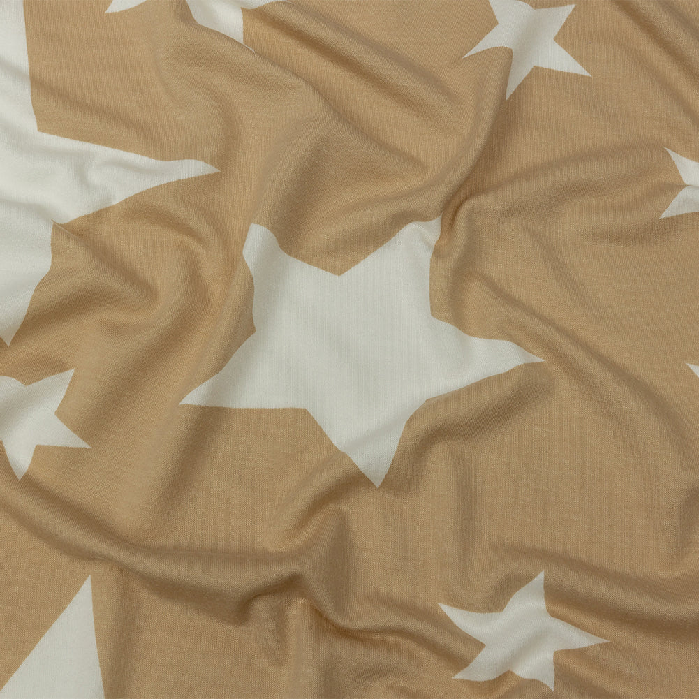 Beige and Star White Stars Stretch Polyester and Rayon French Terry