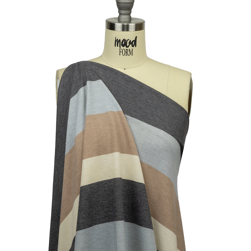 Charcoal, Gray and Beige Stripes Stretch Polyester and Rayon French Terry