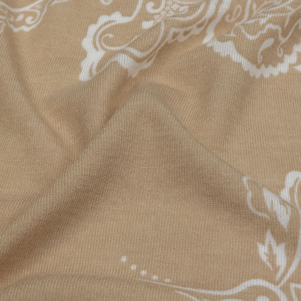 Beige and White Fancy Paisley Polyester and Rayon Jersey