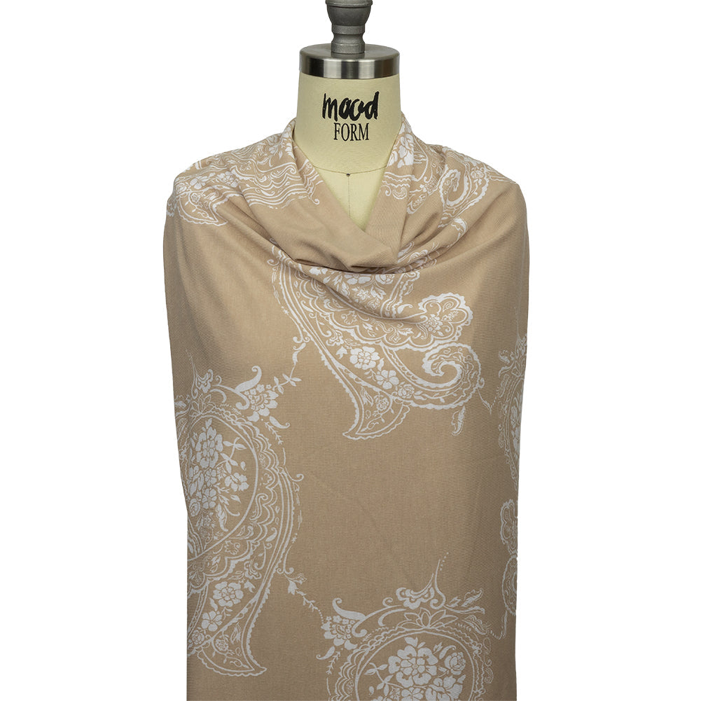 Beige and White Fancy Paisley Polyester and Rayon Jersey