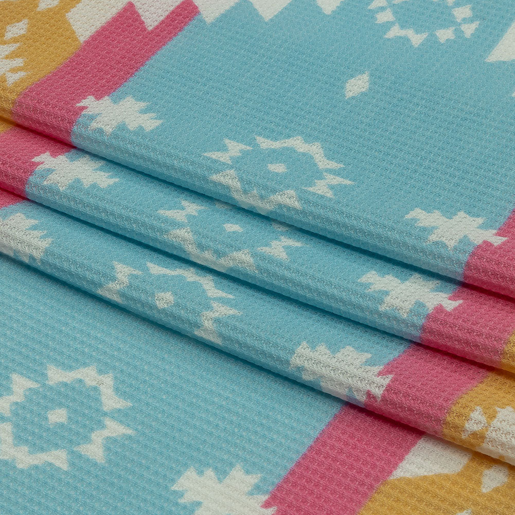 Pink, Yellow and Dream Blue Geometric and Striped Polyester and Rayon Waffle Knit