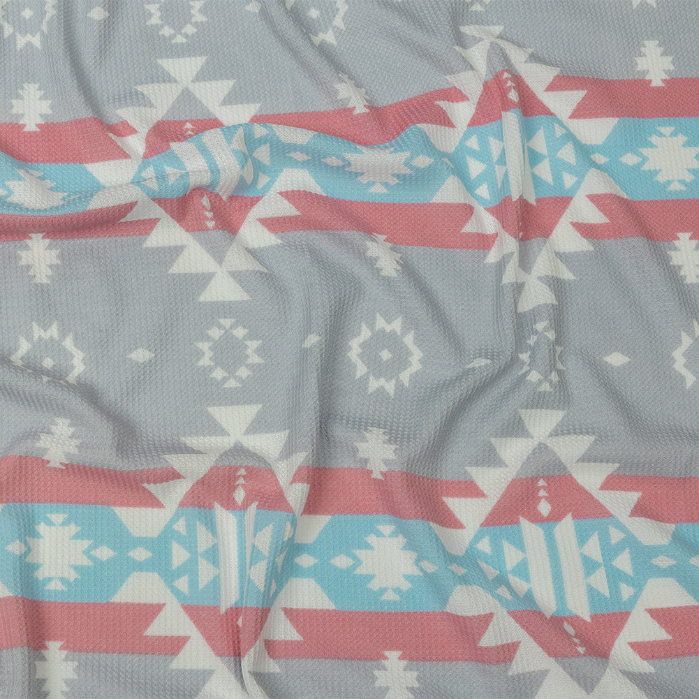 Pink, Sky Blue and Gray Geometric and Striped Polyester and Rayon Waffle Knit