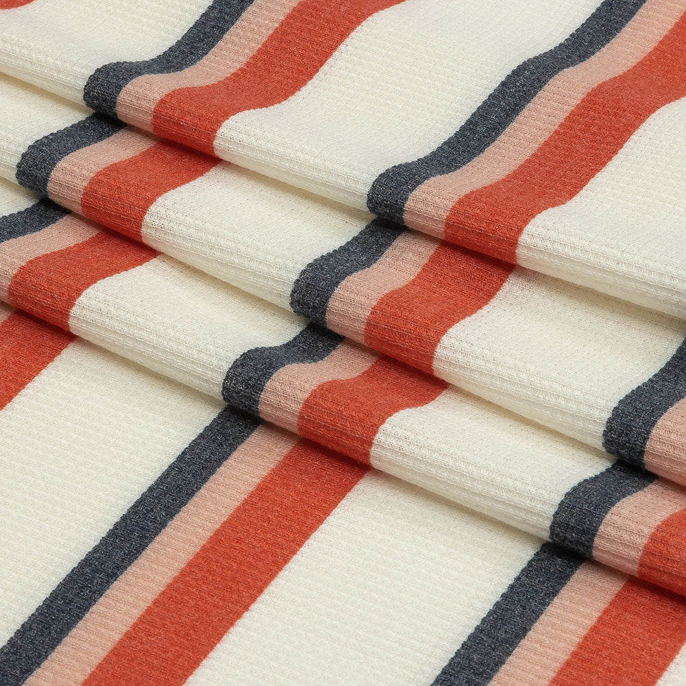 Coral, Navy and White Striped Polyester and Rayon Waffle Knit
