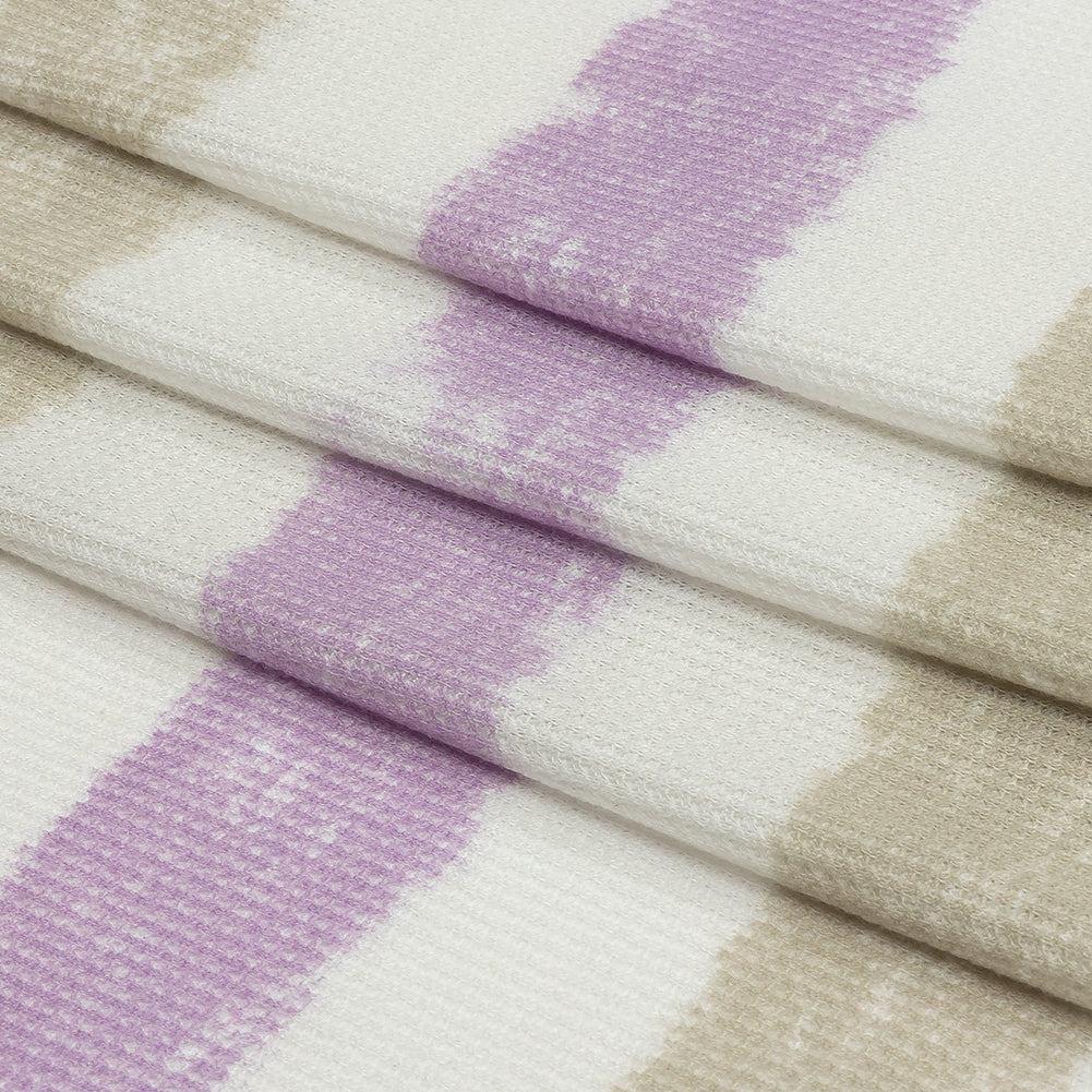 Beige, Lilac and White Painterly Stripes Polyester and Rayon Waffle Knit