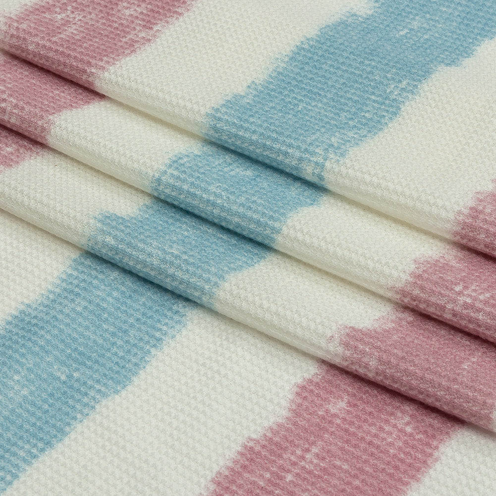 Sky, Rose and White Painterly Stripes Polyester and Rayon Waffle Knit