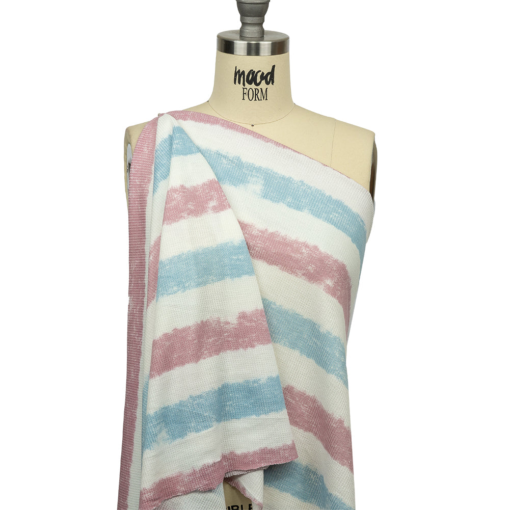 Sky, Rose and White Painterly Stripes Polyester and Rayon Waffle Knit