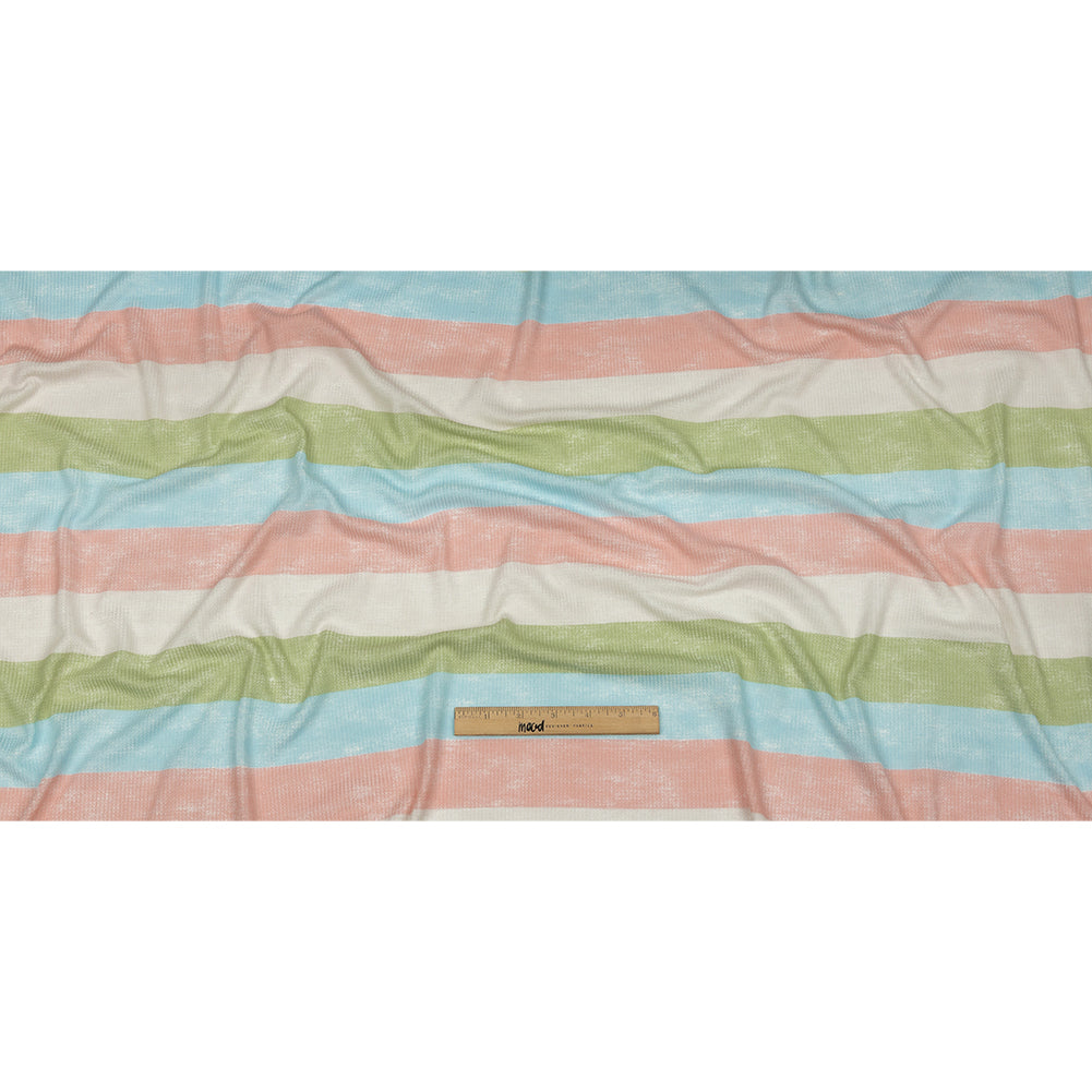 Celadon Green, Sky Blue and Pink Striped Polyester and Rayon Waffle Knit