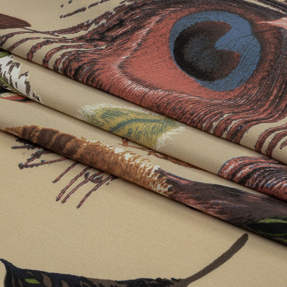 Beige, Red and Green Flying Feathers Polyester Woven
