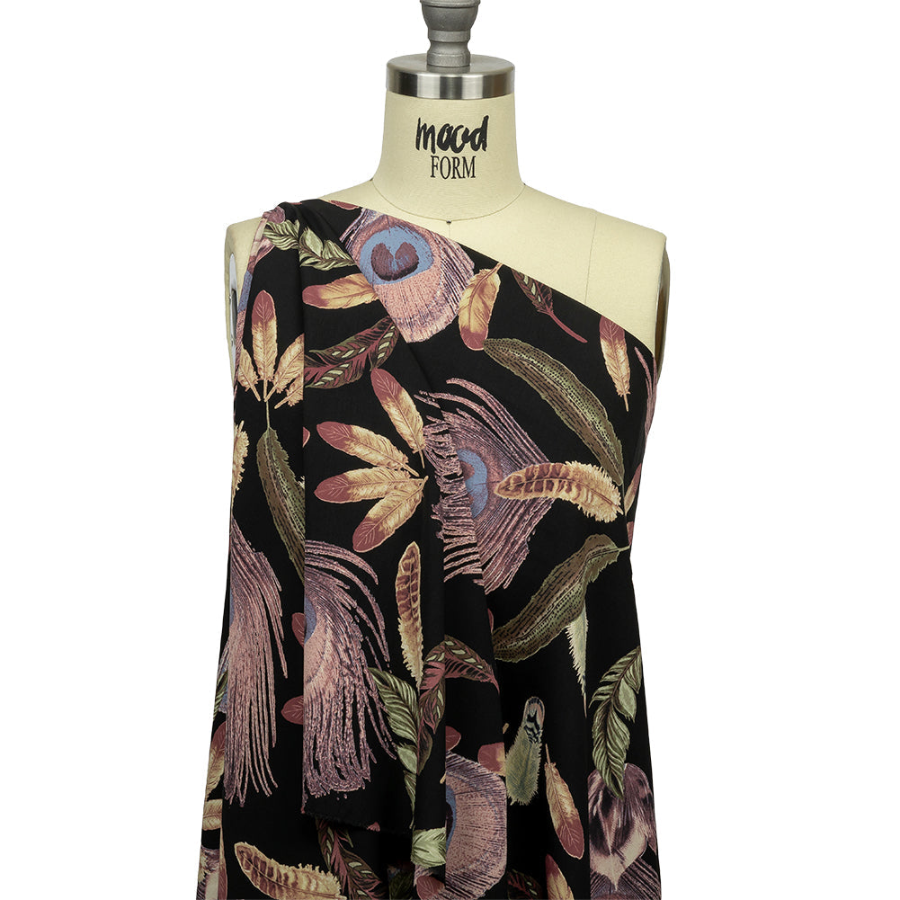Black, Pink and Beige Flying Feathers Polyester Woven