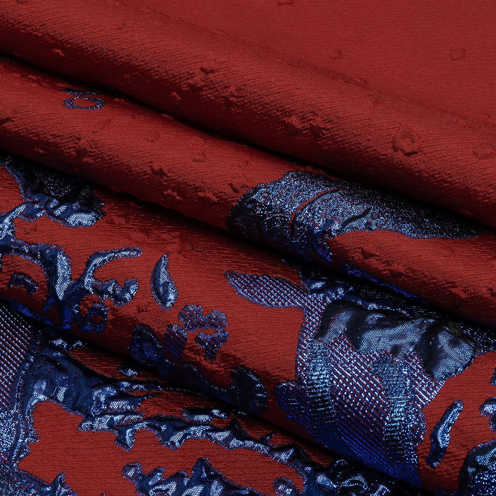 Metallic Diode Blue and Dark Red Spotted and Splattered Luxury Brocade