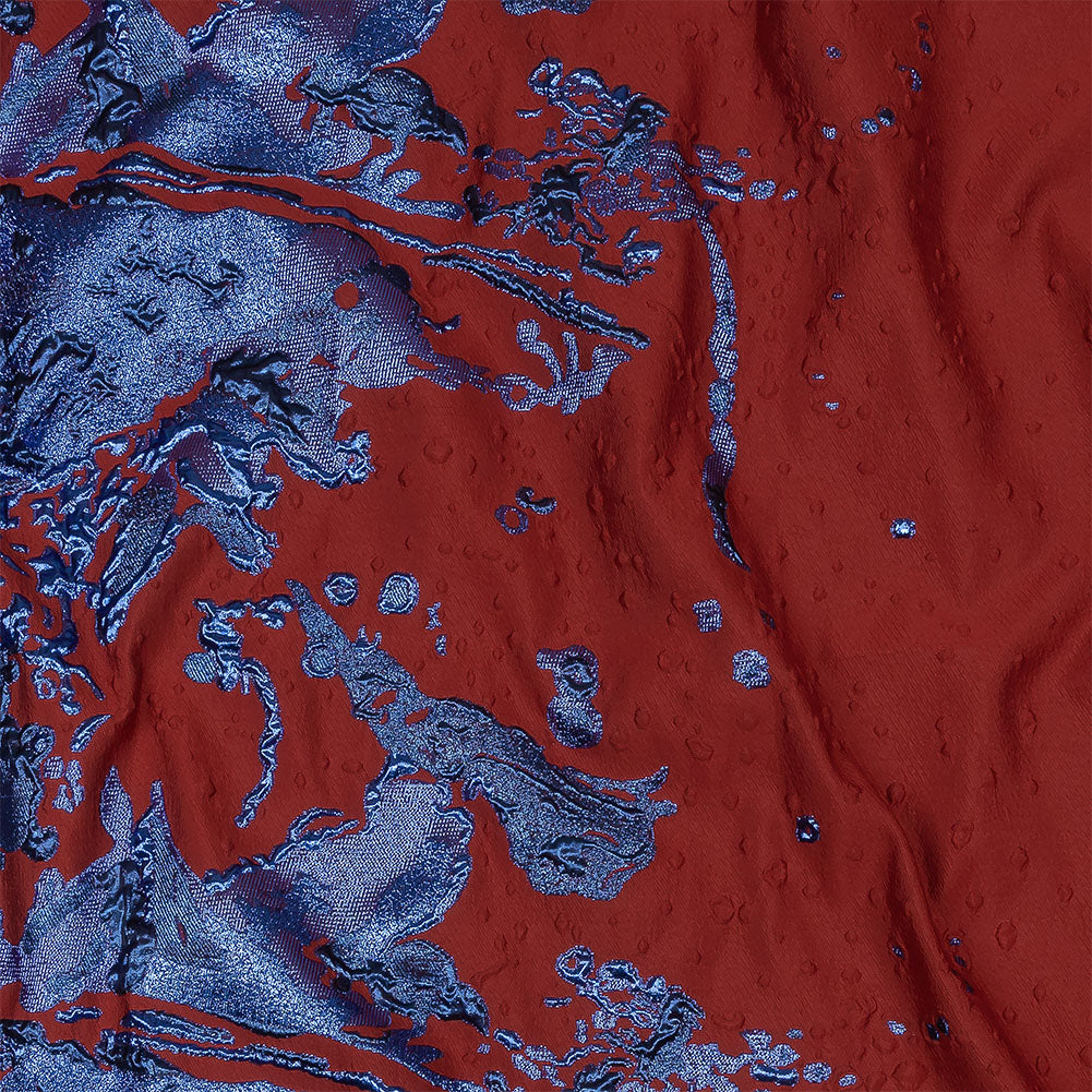 Metallic Diode Blue and Dark Red Spotted and Splattered Luxury Brocade