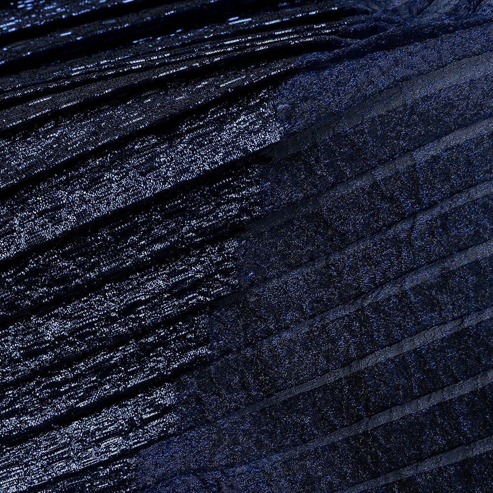 Metallic Navy Blue Waves Pleated Luxury Burnout Brocade