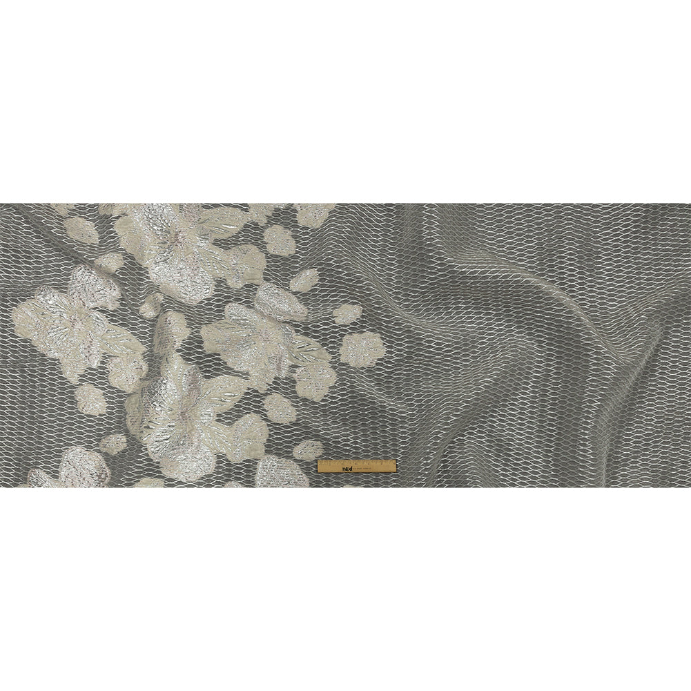 Metallic Silver, Petal Pink and Pearled Ivory Florals and Latticework Sheer Luxury Brocade