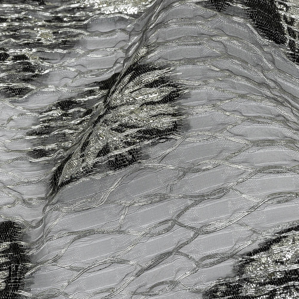 Metallic SIlver and Black Florals and Latticework Sheer Luxury Brocade