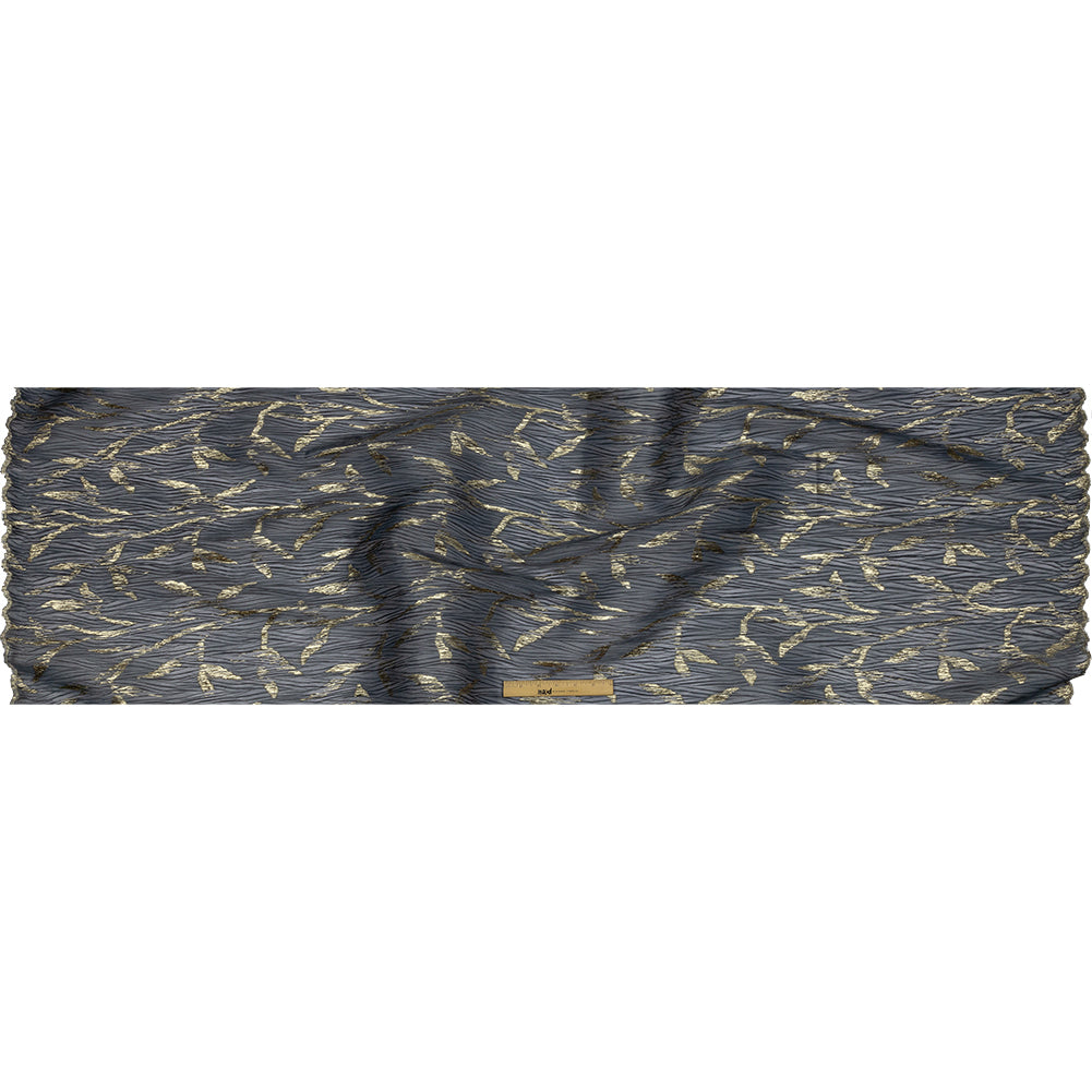 Metallic Gold and Steel Leafy Stems Luxury Plisse Brocade with Scalloped Edges