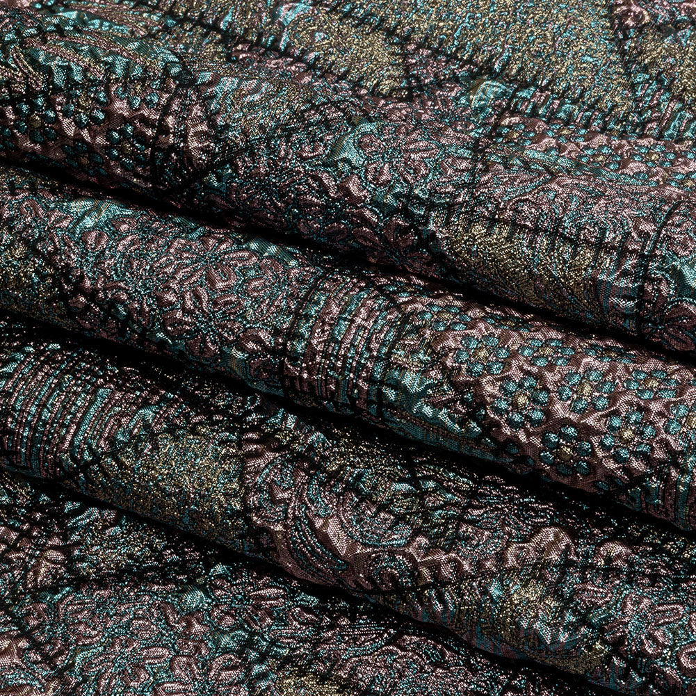 Metallic Rose Gold, Air Blue and Cream Gold Crazy Quilt Patchwork Luxury Brocade