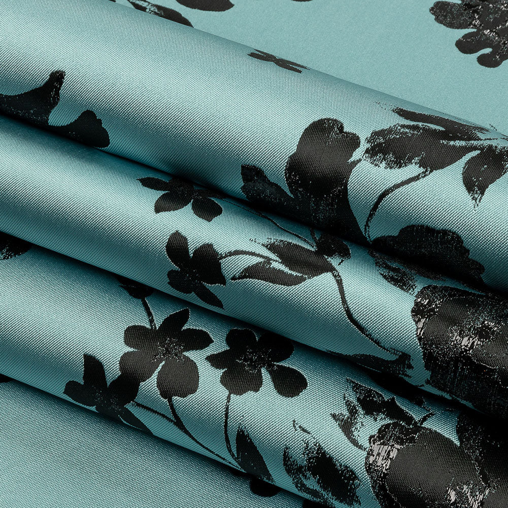 Metallic Black and Blue Fog Floral Luxury Brocade