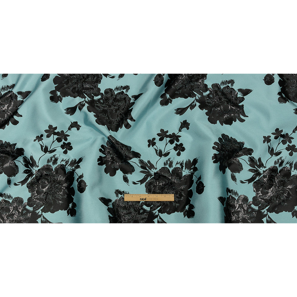 Metallic Black and Blue Fog Floral Luxury Brocade