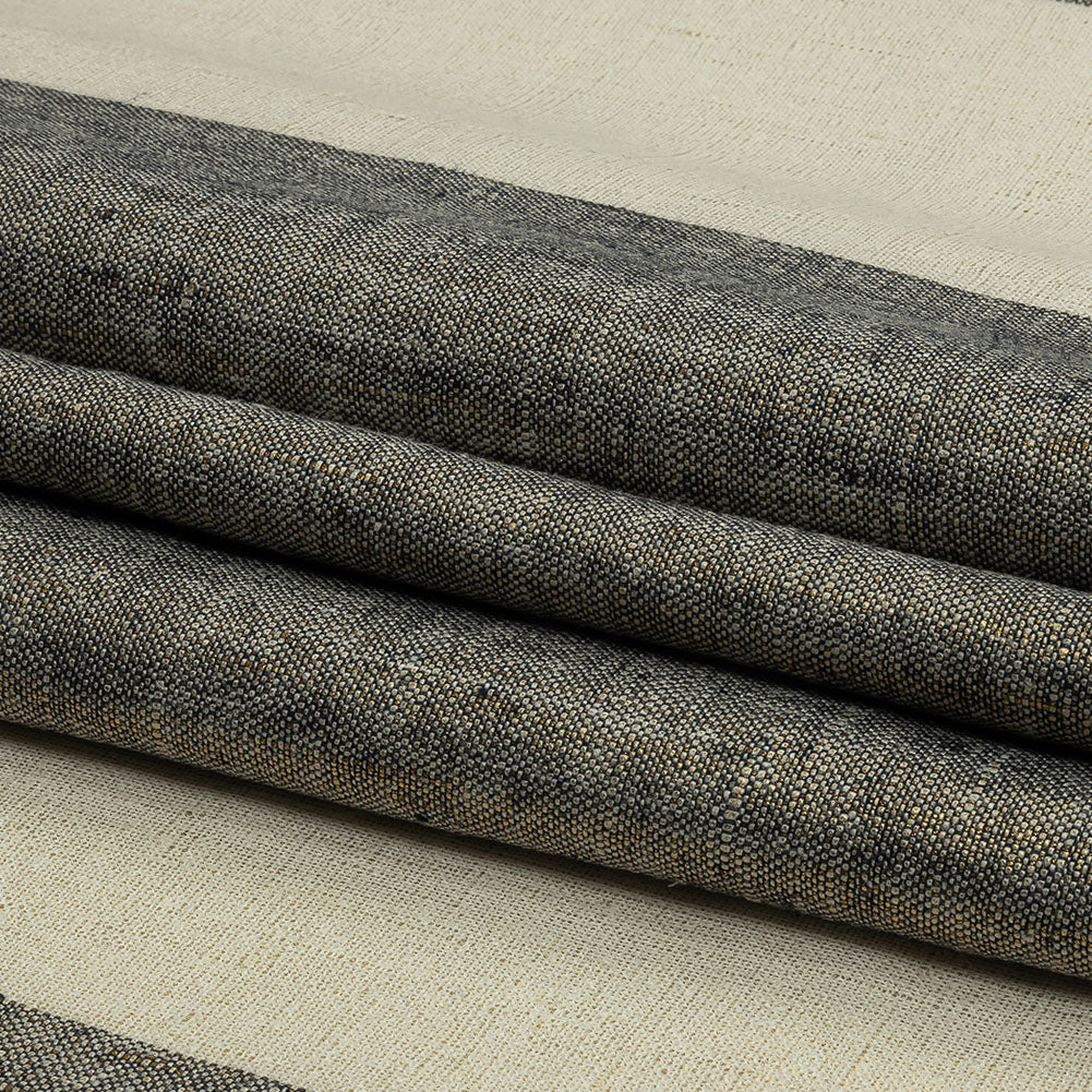 Navy and Tofu Awning Striped Medium Weight Linen Woven with Gold Foil